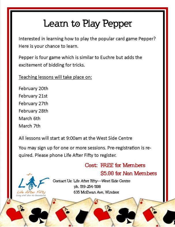 Learn to Play Pepper - March 7th  (Multiple Workshops) WEST SIDE CENTRE